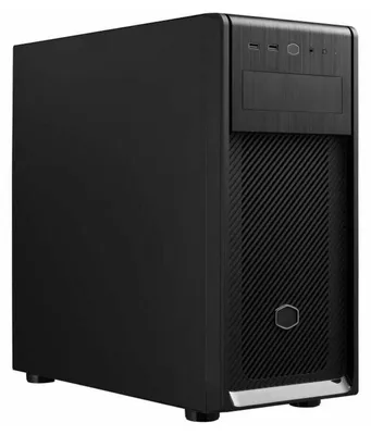 A black computer tower case is shown from a three-quarter angle against a light gray background.