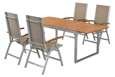 A set of outdoor furniture including a table and four chairs, displayed on a white background.