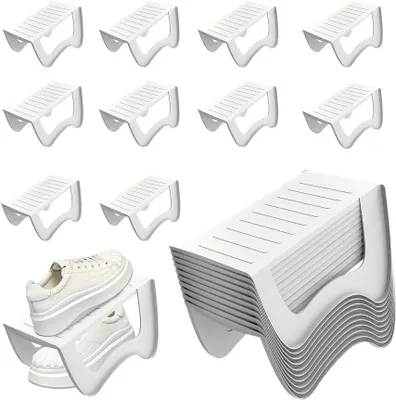 Immagine prodotto di QEENTOE, 30 pezzi, supporti antiscivolo per scarpe, fessure per scarpe in PP, porta scarpe antiscivolo, scaffali per scarpe, organizer per scarpe salvaspazio, contenitore per scarpe a doppio strato, ideale per armadi, dimensioni 25x14,5x14 cm, colore bianco