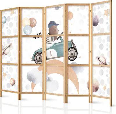 Produktbild von 5-teiliger Einseitiger Vlies Japanischer Paravent - Galactic Races - Bear participating in car races among planets - clouds - and stars in pastel colors. 225x172 cm Für Kinder e-C-10064-bh-b