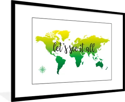 Produktbild von MuchoWow® Gerahmtes Poster Weltkarte - Grün - Kompass 90x60 cm - Poster mit Schwarzem Bilderrahmen Wandposter Rahmen Foto Bilder - Wanddekoration - Fotos