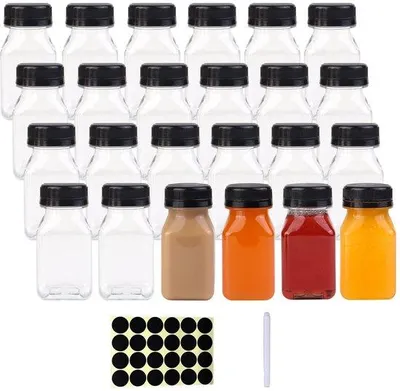 Produktbild von Saftflaschen, 100 ml - 24 Stück - Wiederverwendbare Trinkflaschen - Mit Deckel - Transparent - Für Säfte und Getränke