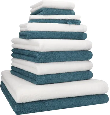 Produktbild von Betz 12-tlg. Handtuch-Set BERLIN 2 Liegetücher 4 Handtücher 2 Gästetücher 2 Seiftücher 2 Waschhandschuhe 100% Baumwolle – Farbe: taubenblau / weiß