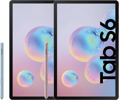 Two Samsung Galaxy Tab S6 tablets are shown side-by-side with styluses. The tablets have colorful, abstract backgrounds on their screens.