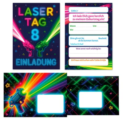 12 Einladungskarten + Umschläge, Lasertag, 8. Geburtstag