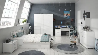 Produktbild von Jugendzimmer komplett Möbel Gaming Zimmer Tezaur "Snow"  6 teilig komplett Weiß Kinderzimmer Möbel für Jungs und Mädchen Jugendzimmermöbel
