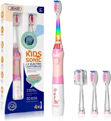 Produktbild von Elektrische Zahnbürste Kinder ab 3 Jahren mit bunten LED Licht, 4 Aufsteckbürste, Smart Timer, Wasserdicht IPX7 mit integrierte LED-Licht
