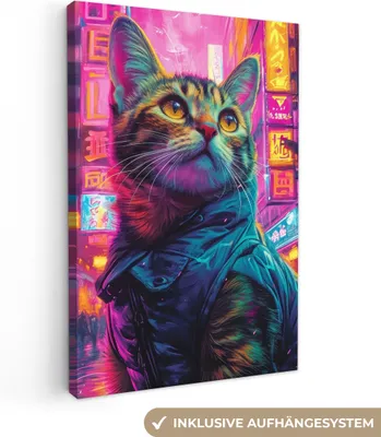 Produktbild von MuchoWow® - Leinwandbilder - Katze - Pop-Art - China - Neon - Stadt, Wandbild, Wanddeko Bilder Wohnzimmer, 40x60 cm
