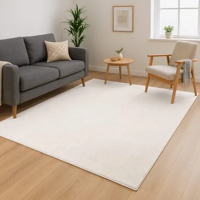 Produktbild von Waschbarer Teppich Wohnzimmer Kurzflor -80x140 cm Weiß - Rutschfest & Pflegeleicht