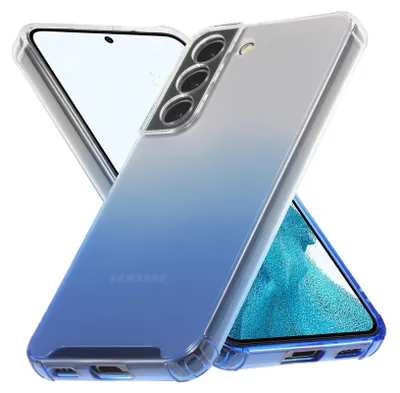 A clear protective phone case with a blue gradient.