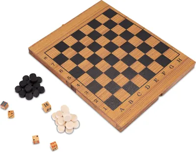 A wooden chessboard with black and white checkers, and dice are laid out on a white surface.