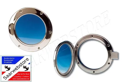 Two nautical porthole windows, one closed and one open, displayed on a white background with a watermark.