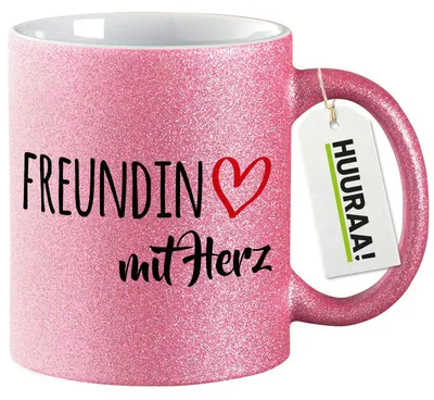 Produktbild von Huuraa Glitzertasse Freundin mit Herz 330ml Pink Keramik Kaffeebecher Geschenkidee
