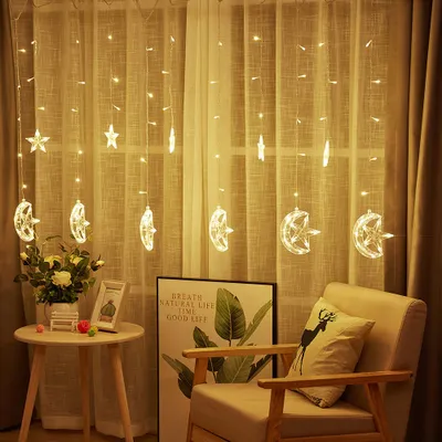 Produktbild von LED Stern Mond Lichtervorhang Warmweiß Lichterkette Batteriebetrieben Weihnachten Party Garten Fenster Deko