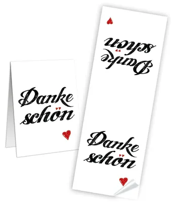 Produktbild von 10 große DANKESCHÖN Aufkleber 7,2 x 21 weiß rot schwarz mit Herz - Dankeaufkleber lang10 Stück