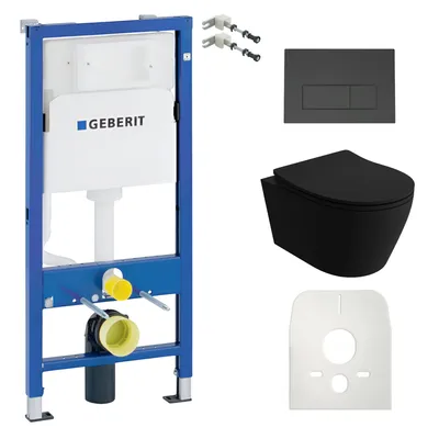 Produktbild von GEBERIT Geberit Duofix Basic Vorwandelement + Wand-WC Tiefspül Praia Becken Schwarz Spülrandlos + Bedienplatte Delta 25 für Doppelspülung