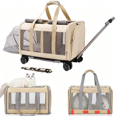 Productafbeelding van Opvouwbare kattentransportbox voor katten en kleine honden, uitbreidbaar, met 2 compartimenten, trolley met wielen, netvensters, kleur: khaki