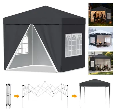 Produktbild von Vigevee Faziango Pavillon 3x3 m mit Seitenwänden und Fenstern, Pop-Up Faltpavillon mit wasserdichtem 210D-Oxforddach, UV-Schutz 50+, höhenverstellbar, Tragetasche, Grau