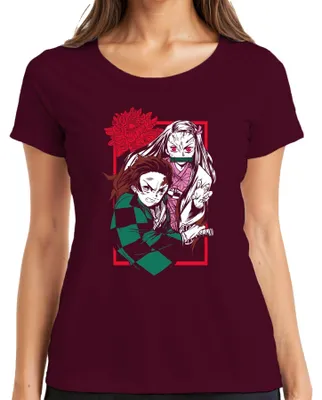 Produktbild von Kimetsu No Yaiba Tanjiro Nezuko Anime Dämonenjäger Katana Fan Damen T-Shirt, Burgundy, S