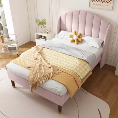 Immagine prodotto di Letto imbottito AIORBER, 90x200 cm, velluto, con rete a doghe e testata imbottita, letto singolo, con robusti piedini da 20 cm, supporto in legno, stabilità, rosa