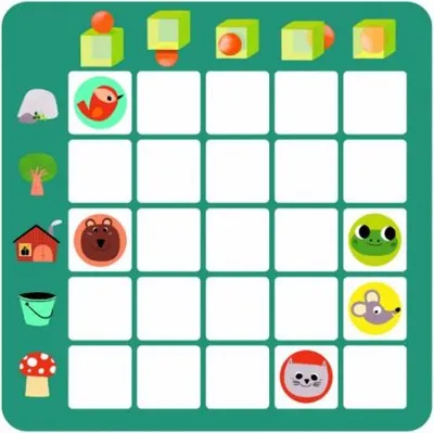 A grid-based game board with various cartoon animal and object icons.
