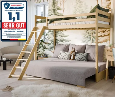 Produktbild von Hochbett 90x200 cm mit Schlafsofa 140x200 cm Couch in Cord-Stoff, 3 Kissen 100 mit 3 Kissen Sofa Etagenbett natur 200x90 grau hellgrau