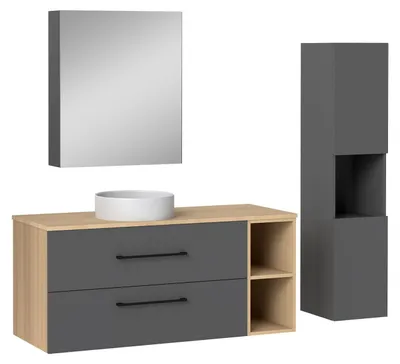Image de Acezanble Ensemble meuble salle de bain, Meuble 120cm avec 2 Tiroirs, Vasque et Miroir de Rangement, Colonne 131.5cm