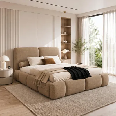 Produktbild von Polsterbett AURIO mit Bettkasten, Bett 160x200, Doppelbett mit Stauraum und Lattenrost, Boxspringbett-Optik, ohne Matratze, Schlafzimmer - Cappucciono