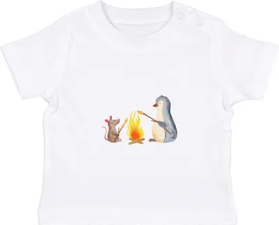 Produktbild von Mr. & Mrs. Panda Babyshirt Pinguin Lagerfeuer 12. - 18. Monat - Weiß - Geschenk, Kinder T-Shirt, Feuer, , Marshmallows, Organic Baby Shirt, Job, Baumwollshirt, Liebe