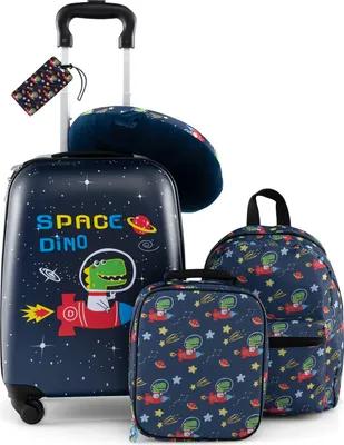 Produktbild von GOPLUS 5tlg Kinderkoffer Set, Kids Trolley mit Rucksack, Nackenkissen, Lunchbox, Gepäckanhänger, Kindergepäck mit Rollen, Reisekoffer mit Teleskopgriff für Kinder ab 3 Jahren (Dinosaurier)