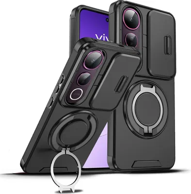 Image de Etui double couche pour vivo V50 Lite, couvercle coulissant pour appareil photo et anneau magnétique Noir