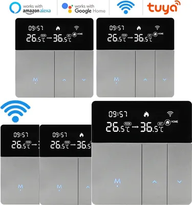 A collage of smart thermostat devices with digital displays and touch controls, featuring compatibility logos for Alexa and Google Home.