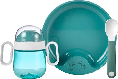 Produktbild von Mepal – Baby 3er Geschirrset Mepal Mio – Inklusive auslaufsicherem Trinkbecher, Lernteller & Lernlöffel – Spülmaschinengeeignet & BPA frei – 3er Set – Deep turquoise