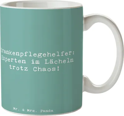 Produktbild von Mr. & Mrs. Panda haferl Spruch Krankenpflegehelfer Lächeln - Meeresbrise - Geschenk, trotz Chaos, Geschenktasse, Kaffeetasse, handgefertigte Geschenke, Pflegehelden