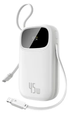 Produktbild von Powerbank 10000mAh 45W FC31 Qpow 3 mit Display, USB-C- und Lightning-Kabeln für iPhone und iPhone – Weiß