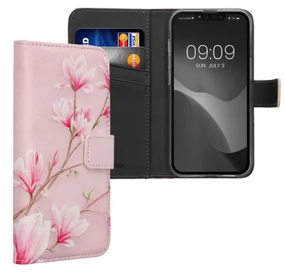 Produktbild von kwmobile Wallet Case kompatibel mit Apple iPhone 17e / iPhone 16e Hülle - Cover mit Ständer und Kartenfächern - Magnolien Rosa Weiß Altrosa