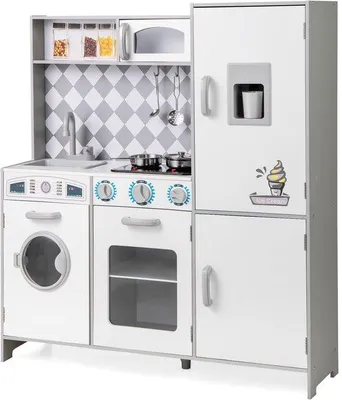 Produktbild von Holzspielküche für Kinder – mit Herd und Waschmaschine – realistisches Rollenspielzeug