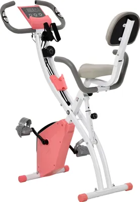 Image de HOMCOM Vélo d'appartement pliable, vélo d'exercice, home traîner pour adultes, 8 niveaux de résistance magnétique, capteurs pouls main, écran LCD multifonction, selle réglable, acier, rose, blanc