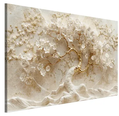 Produktbild von LUMASOUL Leinwand Bilder 120x80 cm, Leinwandbild Blumen Japandi Motiv, Wandbilder Holzrahmen und Webstuhl Wohnzimmer und Schlafzimmer, 1 teilig Baum 01