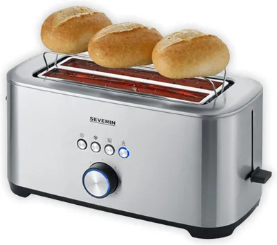 A silver Severin toaster with three bread rolls on top.