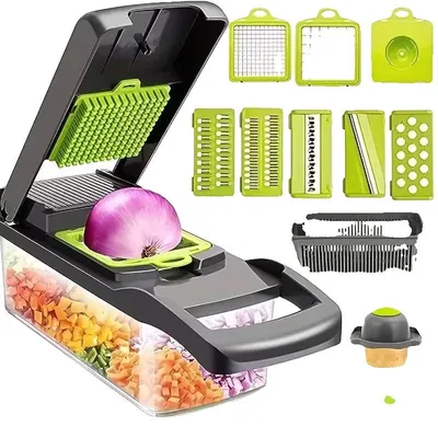 Imagen del producto de Cortador de verduras, funcionamiento manual, cuchillas versátiles, 16 en 1