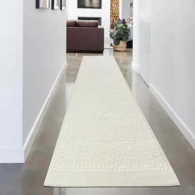 Obrázok produktu pre Elegantný recyklovaný koberec s ornamentálnym vzorom štýlová nízka štruktúra ľahká údržba krémová veľkosť - 80 x 300 cm