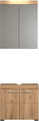 A two-piece bathroom vanity set, consisting of a mirrored cabinet and a base cabinet with drawers.