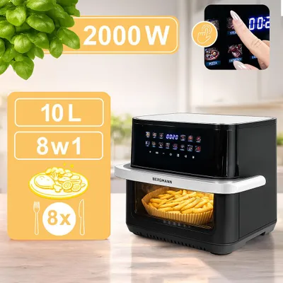 Zdjęcie produktu dla Frytkownica na gorące powietrze beztłuszczowa Airfryer BERGMANN YA jedna komora 14 programów pojemność 10l moc 2000W frytownica zestaw tacek