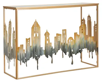 Image de Console City 110 X 38,5 X 81 Cm En Métal Doré, Profil Urbain Et Plateau En Verre Miroir - Style Glamour Moderne