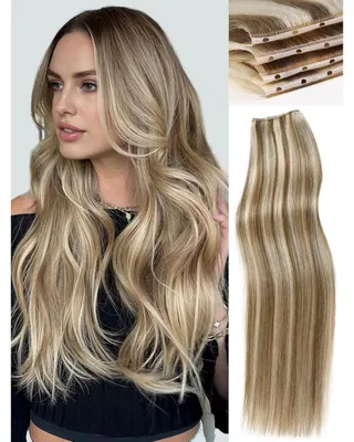 Immagine prodotto di Estensioni per capelli in vera fibra, lunghezza 46 cm, con doppia trama e capelli umani Remy, con micro-anelli, confezione da 2, peso 100 g, colore ombre sfumato dal biondo