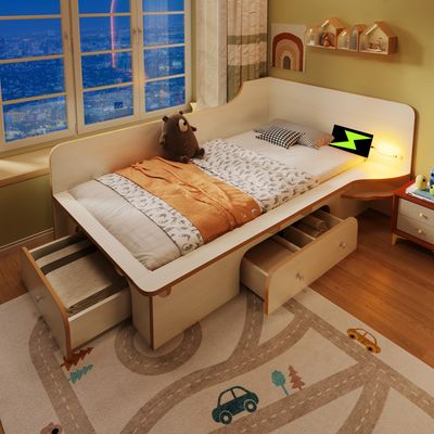 Flieks dřevěná postel jednolůžko pro mládež 90x200cm s funkcí nabíjení (USB&Typ-c), úložný prostor dětská postel se 3 zásuvkami, klasická postel s lampičkou na čtení