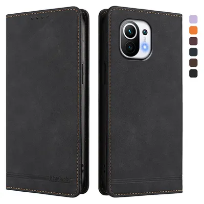 Image de Etui pour Xiaomi Mi 11, étui rétro en cuirPolyuréthaneavec support et fentes pour cartes de crédit Noir