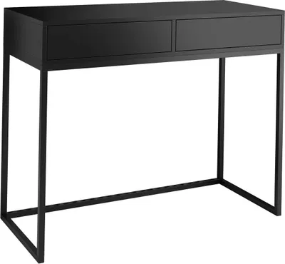 A black desk with two drawers on a white background.