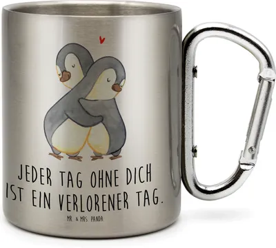 Produktbild von Mr. & Mrs. Panda Becher Aus Edelstahl Pinguine Kuscheln - Transparent - Geschenk, Trinkbecher, Jahrestag, für Freundin, Frauen, Liebesbeweis, Karabiner, Isolierbecher